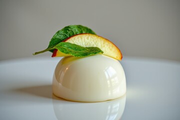 Elegant White Dessert with Apple Garnish and Green Leaves