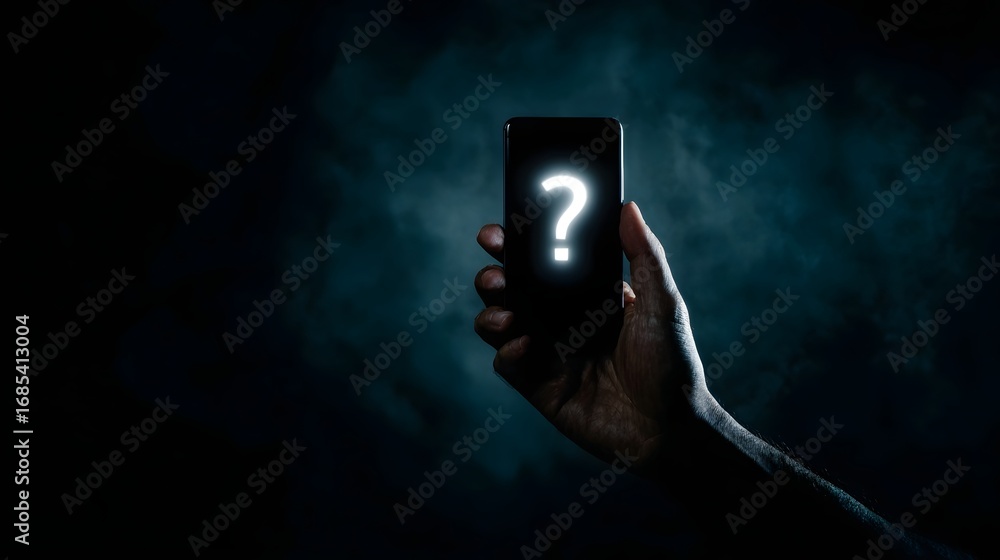 Aufkleber hand holding a smartphone with a glowing question mark on its screen in a dark mysterious setting sy