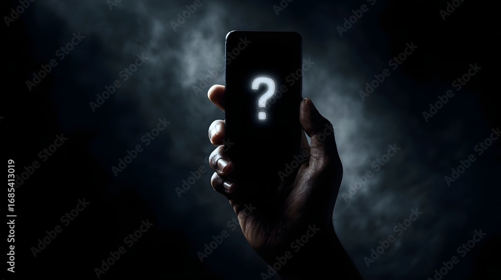 Poster a glowing question mark illuminates the screen of a smartphone held in a hand amidst a dark and myst