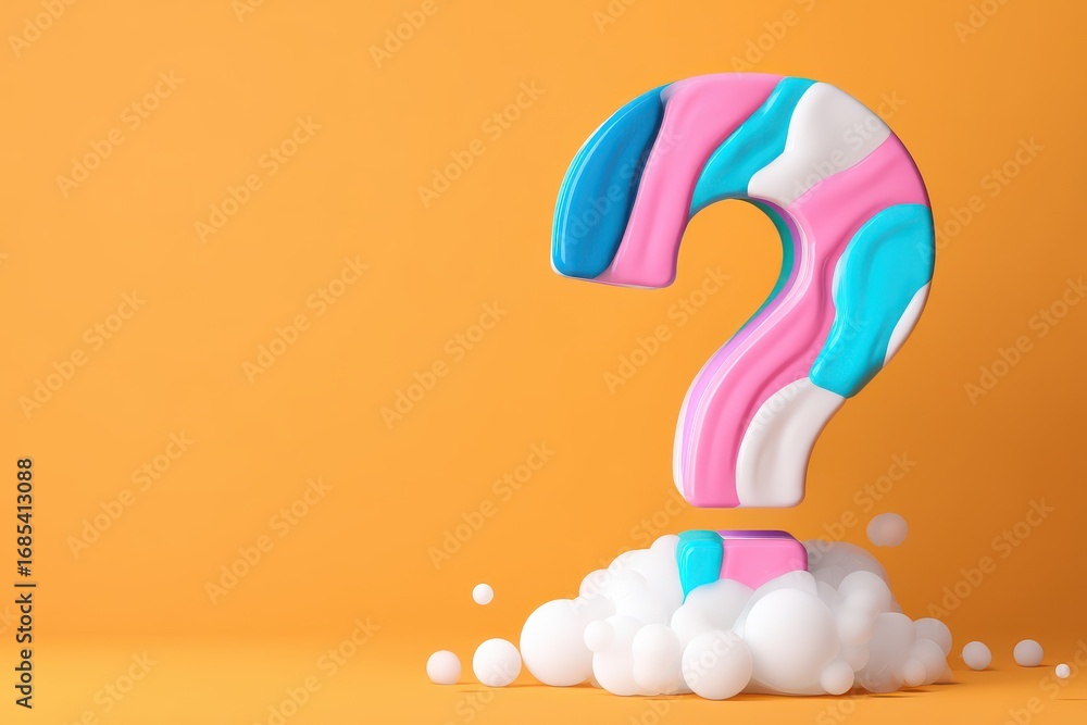 Poster 3d bubble question mark concept. colorful question mark on a yellow background with white bubbles be