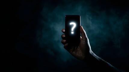 Hand holding a smartphone with a glowing question mark on its screen in a dark mysterious setting symbolizing inquiry doubt and the search for