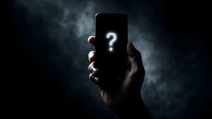 A glowing question mark illuminates the screen of a smartphone held in a hand amidst a dark and mysterious backdrop