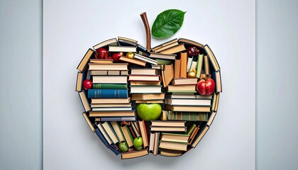 Creative apple shape made of diverse books with real apples, symbolizing education and knowledge.