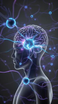 Human brain with neural connections and synergies concept vertical