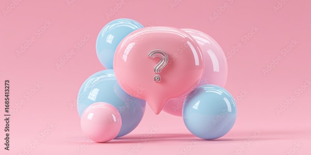 Poster 3d bubble question mark concept. colorful speech bubbles with a question mark on a pink background.