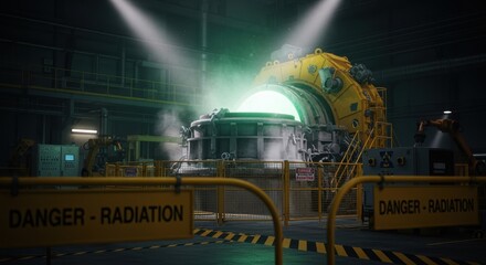 Dimly lit radioactive waste vitrification melter bay showcasing the melter vessel and surrounding safety fencing.
