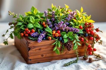 Colorful Plant and Berry Arrangement Wooden Planter