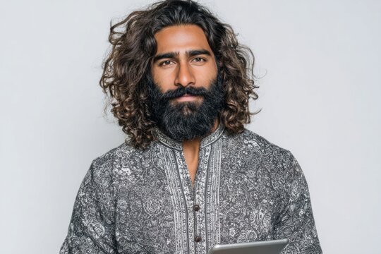 A man with long curly hair and a full beard, dressed in a patterned shirt, presents a confident and stylish image against a neutral backdrop.