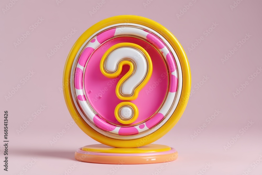 Poster 3d bubble question mark concept. colorful question mark symbol on a round base against a pink backgr