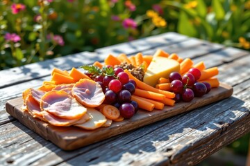Wooden Board with Cheeses Cured Meats and Grapes Outdoor Setting