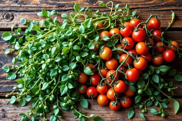 Vibrant Cherry Tomatoes with Green Vines Wooden Surface