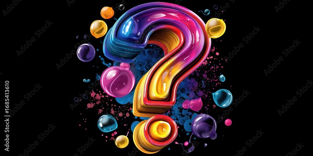 Aufkleber 3d bubble question mark concept. colorful abstract question mark with bubbles on a dark background.