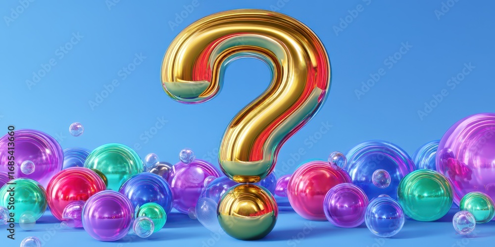 Poster 3d bubble question mark concept. shiny question mark surrounded by colorful bubbles on a blue backgr