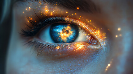 Close-up of eyes filled with galaxies and radiant divine power 