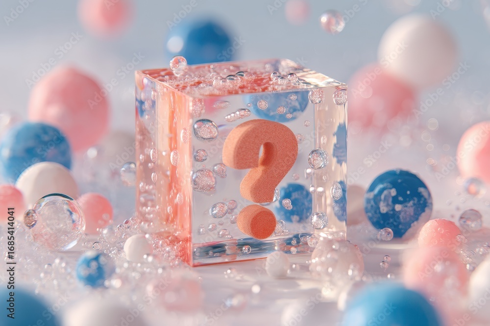 Poster 3d bubble question mark concept. colorful question mark cube surrounded by bubbles and decorative sp