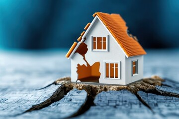 Conceptual image of damaged house model with cracks on surface, representing issues like structural integrity, natural disasters, and home repair challenges.