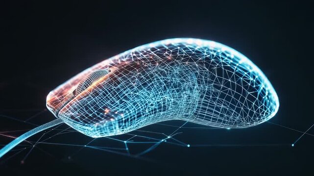 Futuristic glowing low poly computer mouse hovering over a digital network