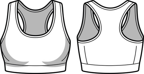 Front and back view, technical sketch of women’s sports bra, vector illustration, seamless activewear top, fitness fashion, racerback design