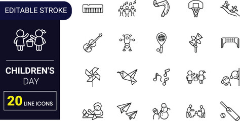 Editable Children’s Day Vector Outline Icons | Kids Activities, Fun Games, Friendship