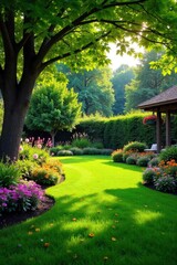 Fototapeta premium Serene backyard oasis featuring lush green grass, vibrant flowerbeds, and mature trees providing ample shade Perfect for relaxation and outdoor entertaining , petals, healthy, lawn