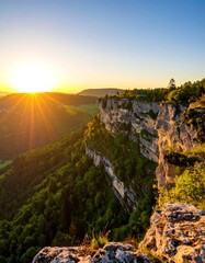 Sunrise over a dramatic mountain landscape