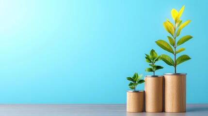 Growth of Green Plants in Natural Pots Against a Light Blue Background, Representing Nature, Environment, and Sustainable Living