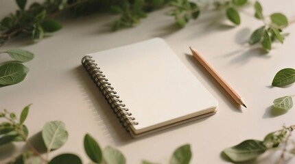 Flat lay of a blank spiral notebook with pencil and greenery, offering ample copy space; neutral color palette; minimalist aesthetic.