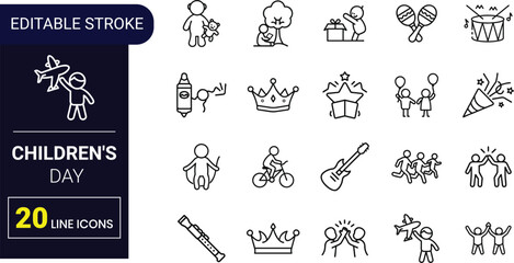 Kids Celebration Outline Icons for Children’s Day | Smiles, Gifts, Play, Party Time