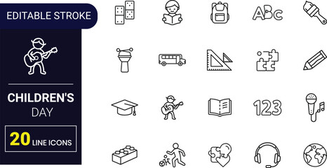 Editable Children’s Day Outline Icon Set | Kids, Toys, Balloons, School, Smiling Faces