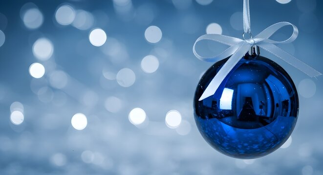 Bola de Navidad con arco de cinta plateada sobre el fondo de luces borrosas con árbol