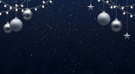 Fototapeta premium Feliz Navidad Banner con decoración de plata brillante sobre fondo negro