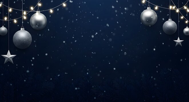 Feliz Navidad Banner con decoraci&oacute;n de plata brillante sobre fondo negro
