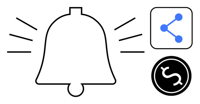 Bell ringing with sound waves, connected sharing icon, and dollar symbol. Ideal for alerts, notifications, finance, communication, sharing, reminders simple landing page