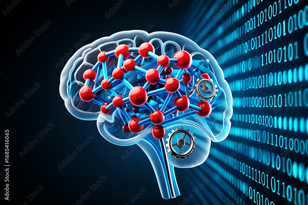Poster futuristic brain network with binary code artificial intelligence