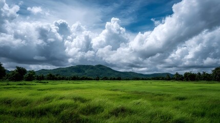 Fototapeta premium Expansive green field stretching towards verdant mountains under a dramatic cloudy blue sky depicting a tranquil natural landscape