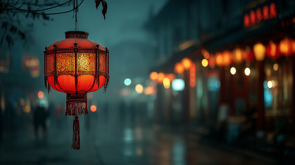 A red Chinese lantern glows with a warm light against the backdrop of an evening street with blurred silhouettes of passers-by.
