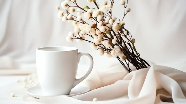 A white mug and saucer sit next to a bouquet of cotton branches on a flowing cream fabric