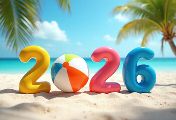 2026 numbers with inflatable beach ball on sand against sea background, sunny coastal new year concept of travel brands and resort promotions. 