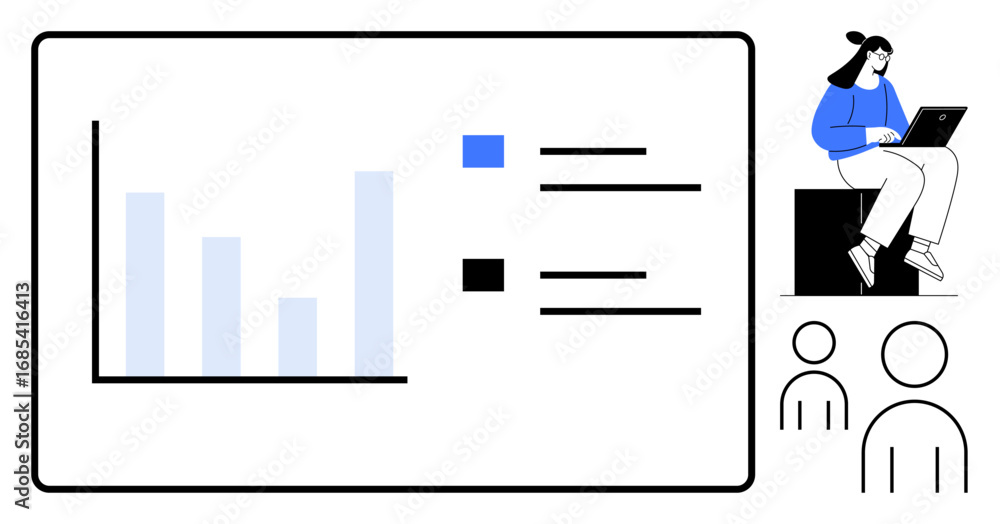 Poster bar graph with data points, labeled keys. person working on laptop reviewing info. minimalist line-s