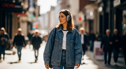 Obraz premium Woman walking in city street with headphones