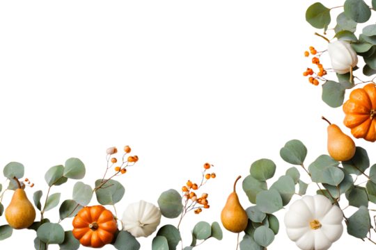 Autumn floral frame, web banner. Garland of berry eualyptus leaves, branches, ear fruit, orange and whit pumpkins isolated on whit table background. Fall, Tanksgiving design. Flat la, top view.