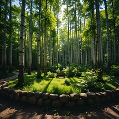 Peaceful forest path with bench in clearing under bright sunlight and tall trees