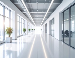 Minimalist Bright Office Long Hallway with Plants and Glass Doors