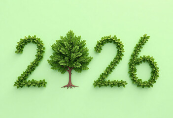 Numbers 2026 in eco style, made of foliage, instead of the number 0 tree on a green background. Ecology and environmental protection concept. High quality photo