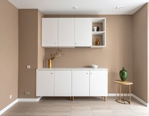 Luxurious yet minimalist hotel room interior design featuring white, brown, and cream tones. Elegant, clean lines create a calm and sophisticated atmosphere for a comfortable stay