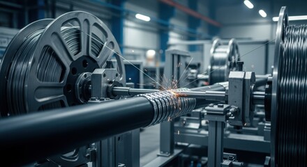 Fototapeta premium Specialized machinery applying metal wire armoring to subsea umbilical cables ensuring durability and corrosion resistance.