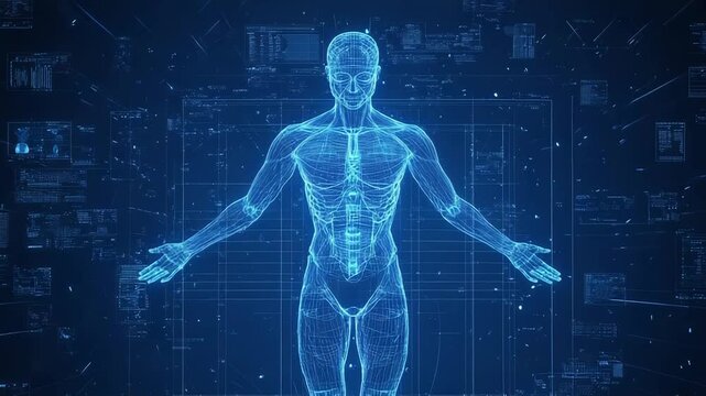 Futuristic human body scan with medical data analysis displaying - Powered by Adobe