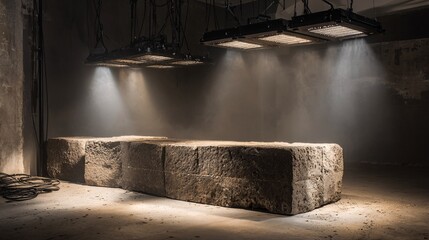 Dramatic Lighting on Ancient Stone Block in Industrial Setting