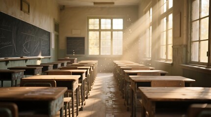 Empty classroom with wooden desks, sunbeams streaming through windows, offering ample copy space; a high-angle, warm-toned shot depicting a nostalgic and serene