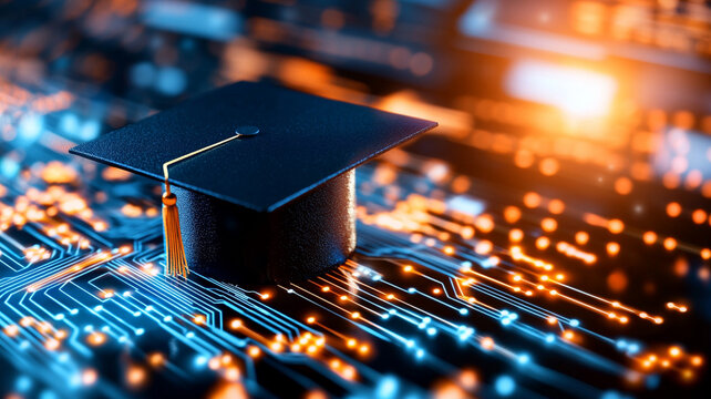 Graduation Cap on Circuit Board Symbol of Technological Advancement in Education